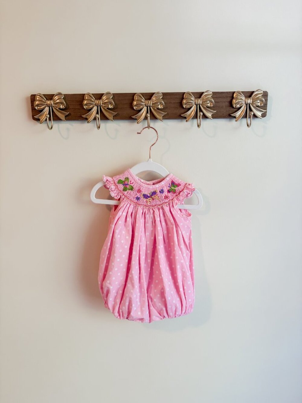 Banana Split Size 12 months girls Pink Polka Dot Baby Romper with Embroidered Co